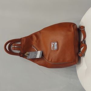 Made in Italy Leather Sling Zip Backpack Cognac Brown Luggage Tan Valentina New